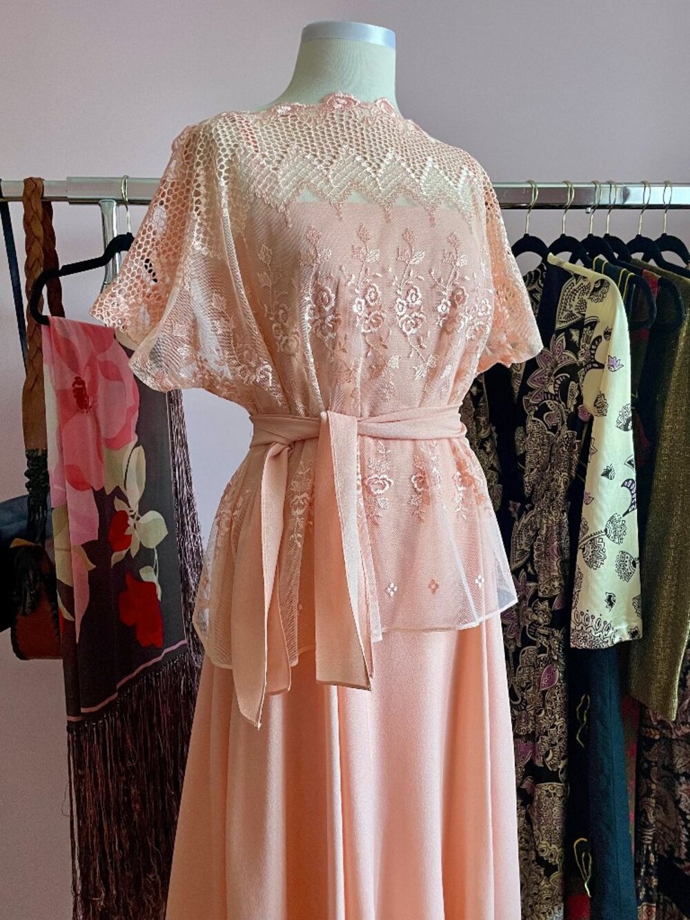 Vintage 70s Pink Floral Sheer Lace Top & Midi Dress Two-Piece Set